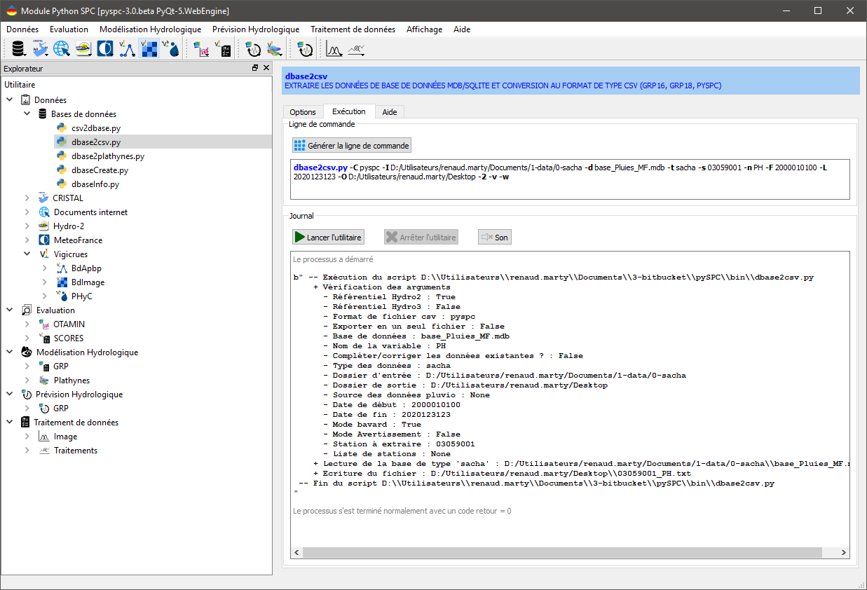 Exemple: Journal de l'exécution de dbase2csv.py